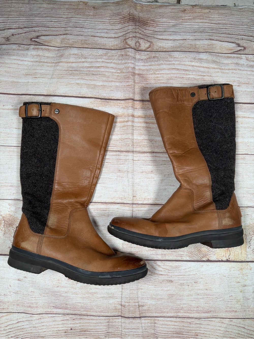 UGG Janina Boots Brown Leather Mid-Calf Boots with Black‎ Knit Panel